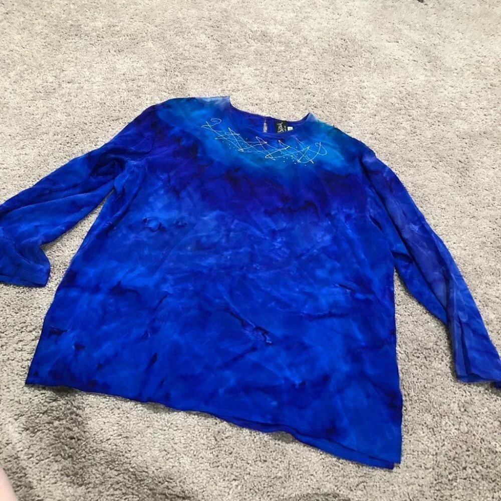 Silk Bijoux Blue Hand Painted Tie Dye Silk Long Sleeve Size Medium Vintage‎